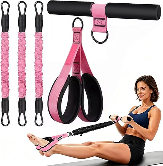 3-Tube Adjustable Pedal Resistance Band (30-90LBS) Home Workout | Elastic Bands with Soft Non-Slip Pedals, Targets Abdomen, Waist, Arm & Leg. Portable Home Fitness Gear