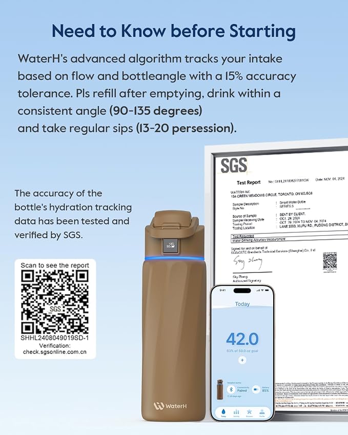 WaterH BOOST Smart Water Bottle Tracker with Reminder to Drink Water, 24oz | BPA-Free Double Wall Vacuum Insulated Stainless Steel, Leakproof, Smart App Tracking, Fits Cup Holders, Wide Mouth for School