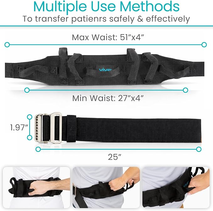Vive Gait Belt (350lbs) Transfer Belt with Handles - Medical Nursing Safety Patient Assist - Bariatric, Elderly, Handicap, Physical Therapy - PT Gate Strap Quick Release Metal Buckle, Grabbing Teeth | Patient Assist - Bariatric, Elderly, Handicap, Phys...