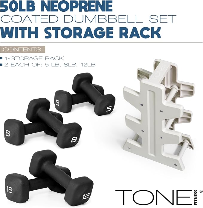 Tone Fitness Neoprene Dumbbell Set with Storage Rack – Non-Slip, Anti-Roll Hand Weights for Home Gym Workouts | 20 lb, 32 lb, 50 lb, 60 lb & 100 lb Options