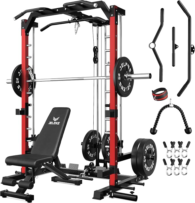 SR01 Smith Machine, 2000LBS Multi-Function Power Cage with LAT Pulldown System, All-in-One Home Gym Squat Rack with Smith Bar and Training Attachments for Full Body Workouts