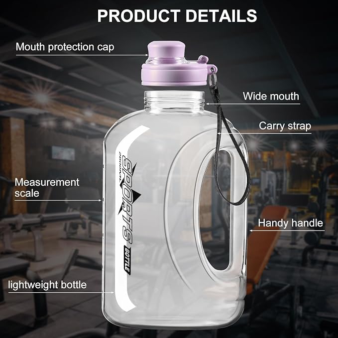 Doseno Large Water Bottle, 95 oz/2.8 L with Straw & Portable Strap, Purple | Lightweight plastic water jug has a measuring scale, leakproof lid and covered spout for gym, outdoor sports and daily use.