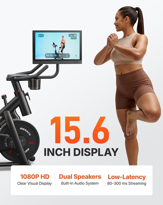 MERACH Exercise Bike, Magnetic Friction Stationary Bike with Brake Pad and Exclusive App, Low Noise Indoor Cycling Bike with 300lbs Weight Capacity, Tablet Mount and Fitness Courses for Weight Loss