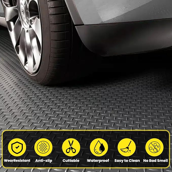 4x10 FT Garage Floor Mat, 2.8mm Thickened (Black) | Diamond Plate PVC Rubber Flooring Roll Covering Non-Slip Floor Protector for Under Car Parking/Garage/Warehouse/Gyms/Trailer