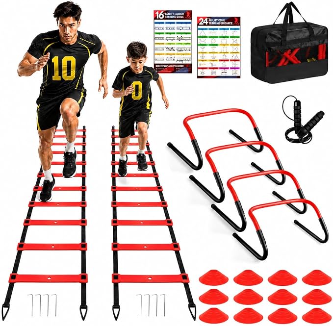 BORNEW 2 Pack Agility Ladder, Soccer Speed Training Equipment Set with Total 26 ft Agility Ladder, 12 Cones, 4 Adjustable Hurdles, Jump Rope, for Soccer, Basketball, Football, Kids, Youth, Adults