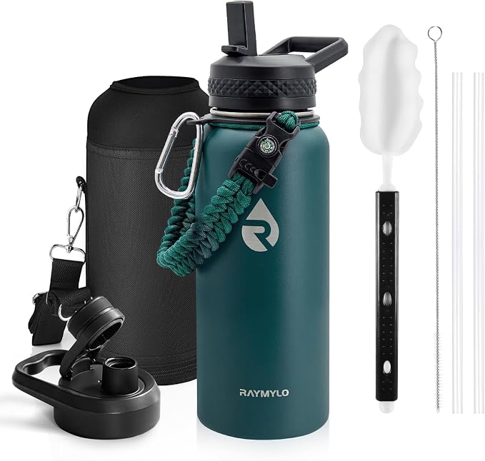 RAYMYLO Insulated Water Bottle 32 oz, Triple Wall Vacuum Stainless Steel | (Cold for 24Hrs, Hot for 12Hrs), Leak Proof & Non-BPA, Modern Water Flask Jug with Paracord Handle & Straw Spout Lids