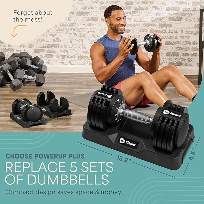 LifePro Adjustable Dumbbells, Single or 2pcs, Up to 55 lbs & 3-in1 option | Quick-change weight system with included rack — available in options from 2.5 to 55 lbs for every fitness level