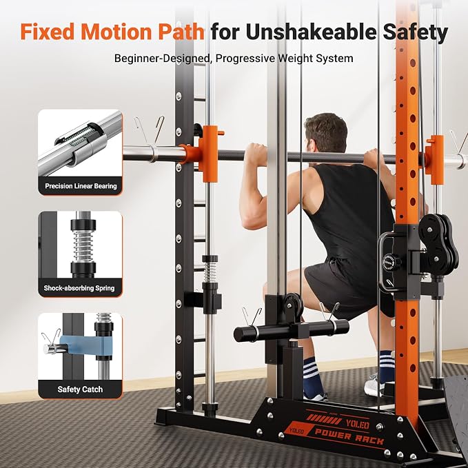 YOLEO Smith Machine & Squat Rack Combo, Multi-Functional Power Racks with Adjustable Width & Pull-Up Bar, Cable Crossover Power Cage, Independent Dual-Pulley System for Home Gym Garage Basement