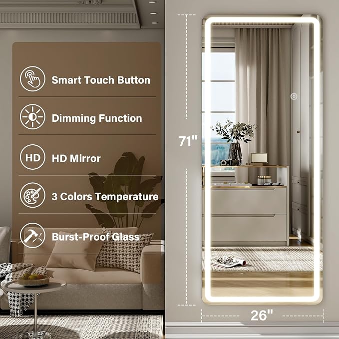 LED Full Length Mirror 71"x 26" - Lighted 3 Color Lighting | Floor Mirror with Dimming & , Mirror Full Size with Round Corner Standing Leaning or Hanging for Bedroom Cloakroom White