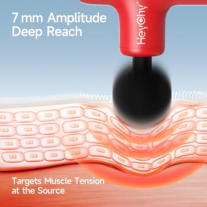HEYCHY Super Mini Massage Gun Deep Tissue, Handheld Muscle Massager with 4 Heads, Percussion Travel Size Massager Gun FSA Eligible for Men Women Back Relief, Quiet for Home, Gym, Office, HSA, Red | 4 Heads for Back, Neck, Legs Muscle Relief, Portable f...