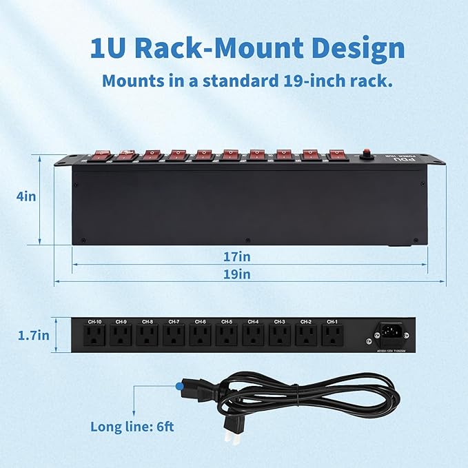 1U PDU Horizontal Rackmount Power Strip - Overload Protector | 10 NEMA 5-15R Outlet, 100V-240V/15A, 1800 Joules, 10 Independent LED Switches, 6 ft Cord