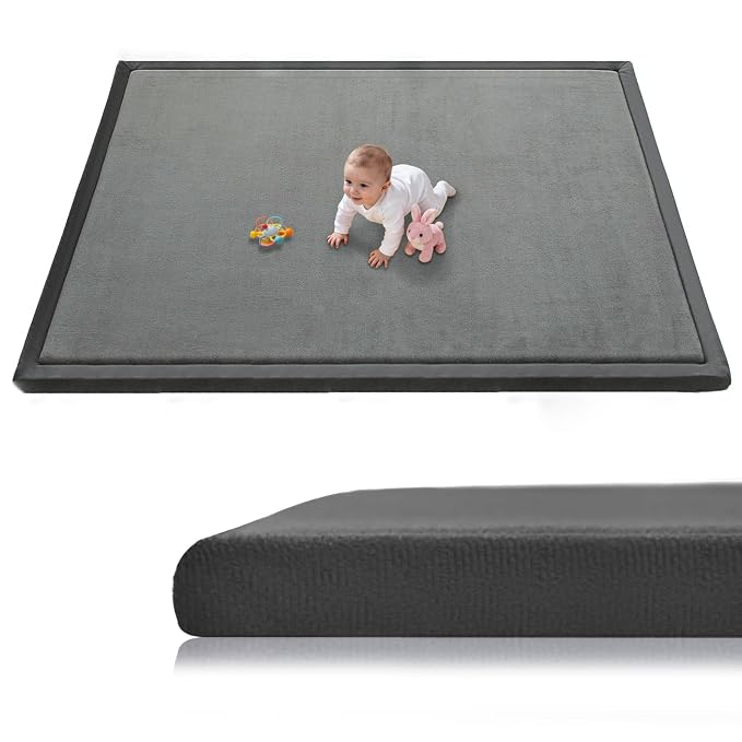 Baby Play Mat for Floor, 71'' x 59'' Thicken Foam Soft Padded Playmat for Tummy Time, Playpen Mat for Toddlers Infant Kids, Water-Repellent Coral Velvet, Non-Slip Bottom Safe for Crawling (Dark Grey)