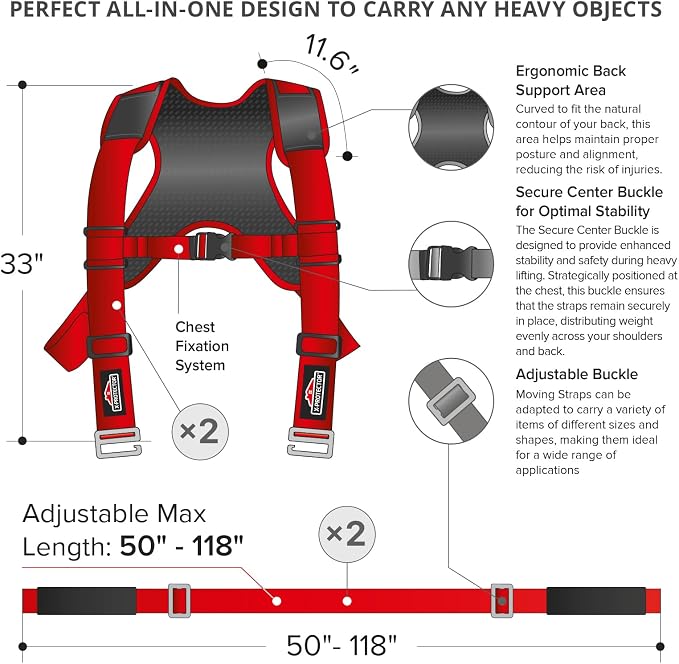 X-Protector Moving Straps - 2 Pairs - Red Lifting Straps for 2 Movers | Move Furniture Easily and Safely - Perfect for Lifting & Moving Heavy Objects (Adjustable Length 50-118”, with Back Support)