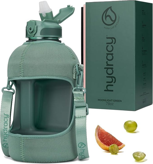 Hydracy 2.3L BPA-Free Tritan Plastic Water Bottle with Adjustable Shoulder Strap, Spill-Proof Lid, and Convenient Silicon Spout for Hydration on the Go | Leakproof,BPA Free,No Sweat Neoprene Sleeve,Carry Strap,Daily Intake Tracking for Fitness & Outdoors