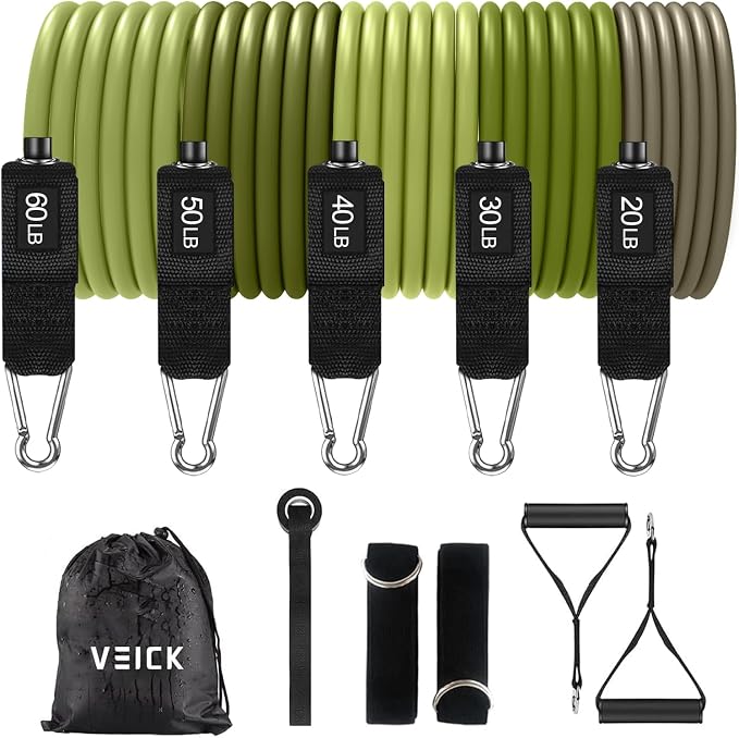 VEICK 10-150LBS Resistance Bands with Handles, Ankle Straps, Door Anchor | Accredited Lab Certified, 100% Natural Latex, Versatile for Yoga, Pilates, Strength, Home Gym