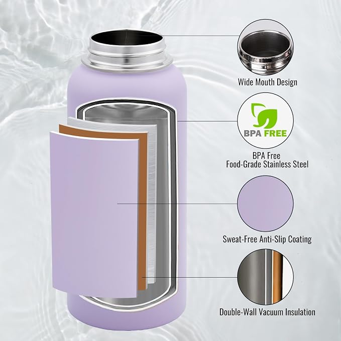 Fijinhom Insulated Water Bottle with Handle, 304 Stainless Steel Water Bottles with Wide Mouth, Double Wall Vacuum Sports Water Bottle, BPA Free, Keep Cold and Hot, 32 Ounces Purple