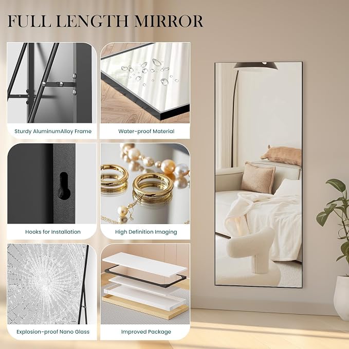 DUMOS 64"x21" Full Length Mirror, Full Body Mirror, Black | Aluminum Alloy Thin Frame, Leaning or Hanging, Suitable for Bedroom, Livingroom, Cloakroom