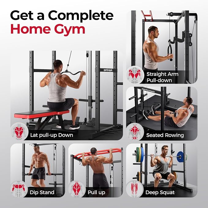 SPORTSROYALS Power Rack, Multi-Functional Power Cage, Squat Rack with Pulley System & LAT Pull Down, Workout Cage with J Hooks for Home Gym