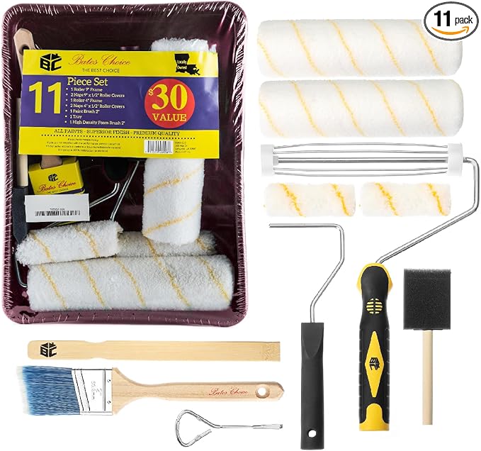Bates- Paint Tray Set, Paint Roller Kit, 11 pcs, 9" & 4" Rollers, Small Paint Roller, Tray, 2" Angle Paintbrush, Foam Brush, Red Tray for House Painting Supplies