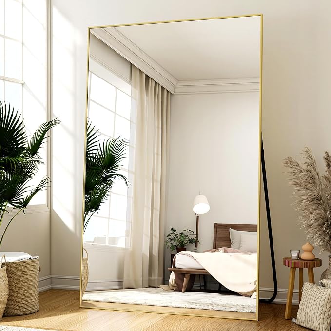 Easly Full Length Mirror with Stand 46"x76" Full Body Mirror Floor Mirror Standing Hanging or Leaning Wall, Wall Mirror with Stand Aluminum Alloy Frame for Living Room Bedroom Cloakroom,Gold