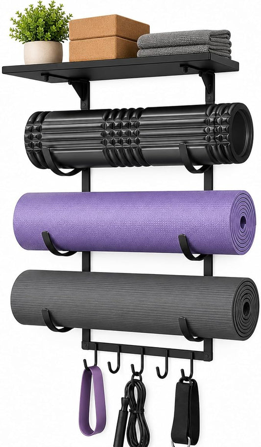 Wall Mount Yoga Mat Storage Rack, Heavy Duty Iron Organizer with 3-Tier J-Hooks, Wide Top Shelf and 5-Hook Bottom Rail for Yoga Mats, Foam Rollers, Blocks and Home Gym Accessories