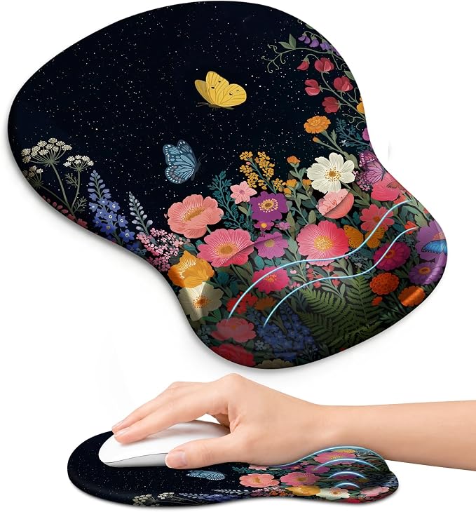 Ergonomic Mouse Pad with Wrist Rest, Gel Wrist Support, Butterfly | 10.2 x 7.6 in Mouse Pad with Smooth Fabric Surface and Non-Slip Rubber Base for Office, Home, Study, and Gaming