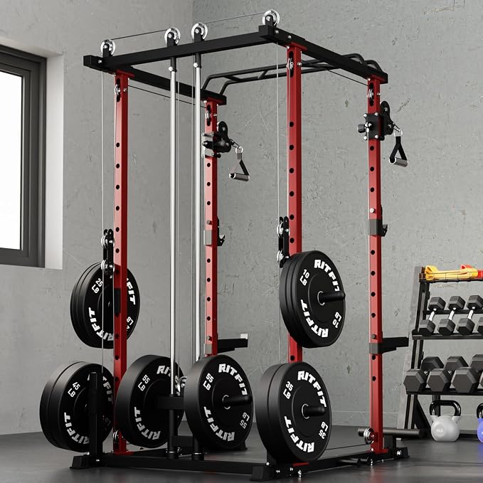 RitFit PPC-P3 Power Cage with Cable Crossover System, 1200LB Capacity | LAT Pulldown & Cable Crossover System with Bumper Plate Set, Olympic Barbell, Bench
