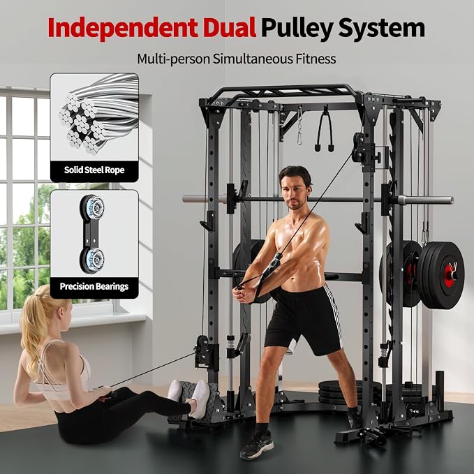JEEKEE Power Cage with Cable Crossover System, 2000LB Multi-Function Power Rack with Independent Dual Pulleys, LAT Pulldown Seat Cushion, 20+ Attachments Squat Rack for Home Gym Workout,Black
