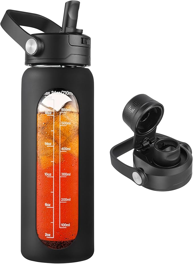 CIVAGO 24 oz Glass Water Bottle with Detachable Straw and Time Maker | Motivational Large Flask Cup with Handle, Leakproof Lids, Wide Mouth, Silicone Sleeve, Tumbler for Juice, Black