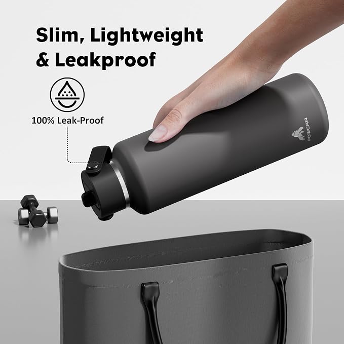 POWCAN 24 oz Slim Insulated Water Bottle: Leakproof, Lightweight, Top Handle, Stainless Steel Water Bottle with Straw for Sport, Gym, Fitness, Office, Home, Commute, Workouts, Boy, Men (Stone Gray)