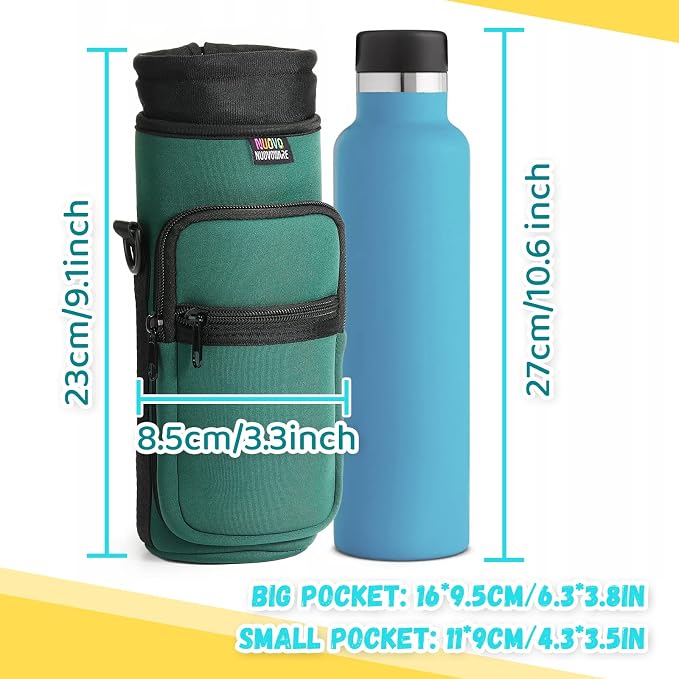 Nuovoware Water Bottle Carrier Bag, 750ml Bottle Pouch Holder, Adjustable Shoulder Hand Strap 2 Pocket Sling Neoprene Sleeve Sports Accessories for Hiking Travelling Camping, Blackish Green