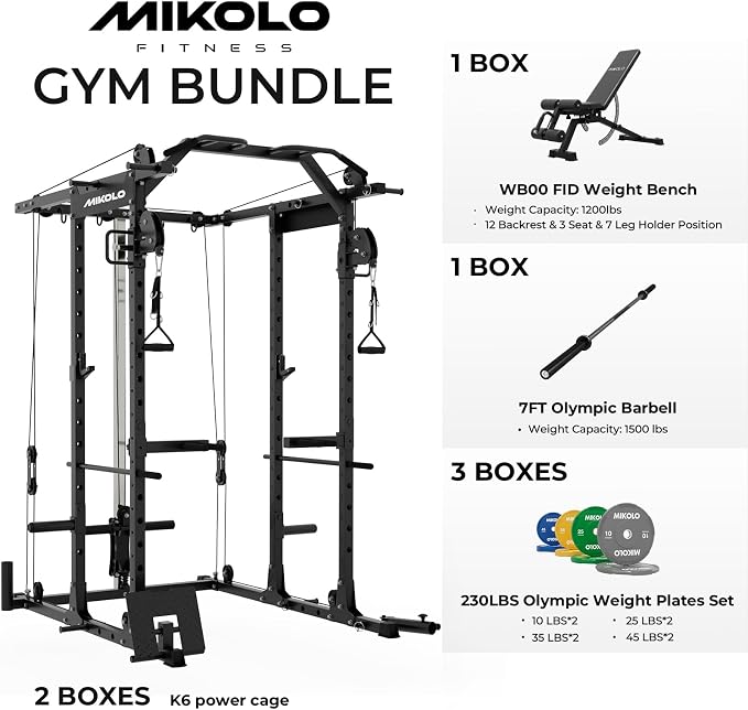 Mikolo Power Cage, Power Rack with Cable Crossover System, 1500LBS Squat Rack with LAT Pull Down System, Workout Cage with Pulley System for Fitness Home Gym
