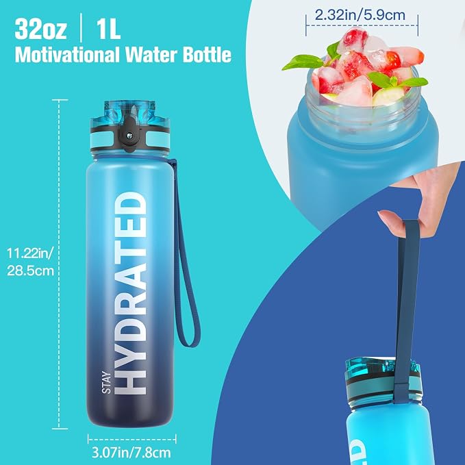 Sahara Sailor Water Bottle 32oz, Tritan Sports Bottle with Time Marker | Bpa Free, Leakproof Wide Mouth With Fast Flow Lid And Cleaning Brush, For Gym School Office Travel, 1 Count