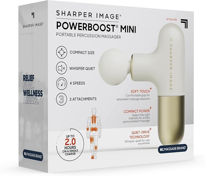 Sharper Image PowerBoost Mini Massage Gun [2026 Version] - Deep Tissue Percussion Massager| Muscle Recovery & Pain Relief| Quiet Handheld Massage Tool| Powerful & Compact| Travel Size | Gift for Women