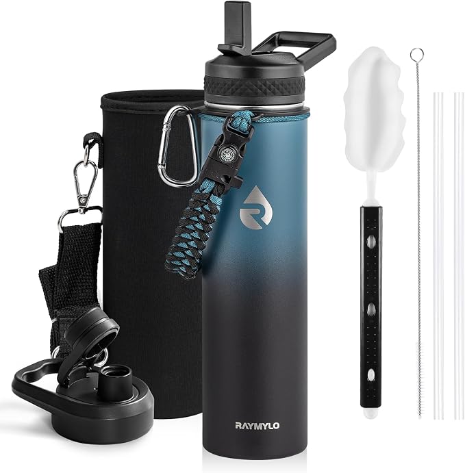 RAYMYLO Insulated Water Bottle 24 oz, Triple Wall Vacuum Stainless Steel | (Cold for 24Hrs, Hot for 12Hrs), Leak Proof & Non-BPA, Modern Water Flask Jug with Paracord Handle & Straw Spout Lids