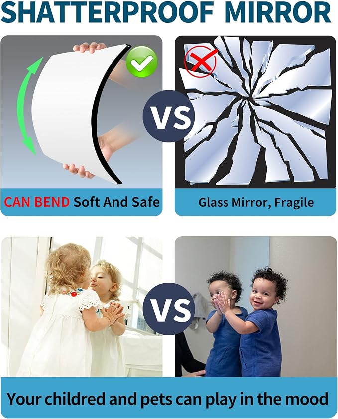 Shatterproof Wall Mirror Full Length for Bedroom, Unbreakable Acrylic Gym Mirror for Home Makeup, 8 x 8 Inches x 4 Pcs, Shaving Mirrors Safe for Kids, Over The Door, Long Hang Plexiglass Wall Mounted
