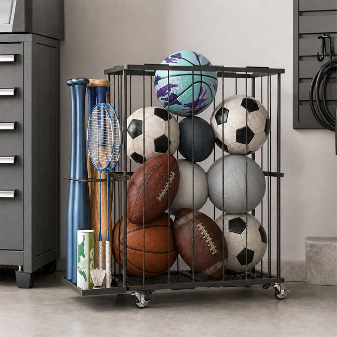 Garage Ball Storage Rack with Wheels, Metal Sports Ball Holder | Basketball Soccer Volleyball Holder with Adjustable Elastic Cords, Ball Organizer Space Saving Rack for Basement Gym Outdoor
