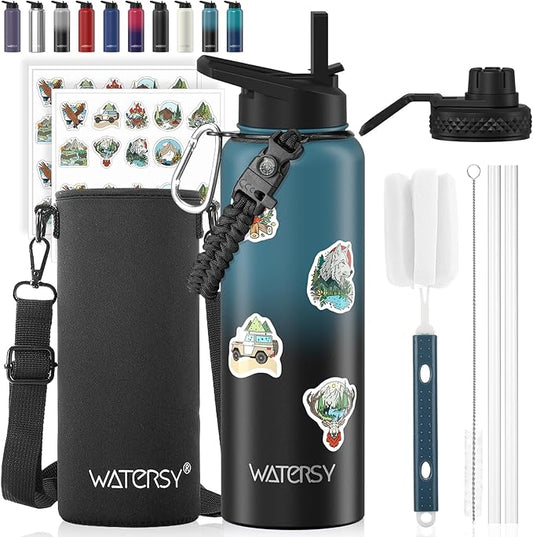 40oz Insulated Water Bottle (Cold for 48 Hrs),BPA Free&Leak Proof,Stainless Steel Water Flask,Water Jug with Straw Spout Lids for Gym,Hiking,Travel,Black Blue