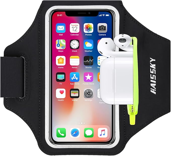 HAISSKY Running Armband with Earphone Pouch Fits Phones up to 6.9" | Cell Phone Armband for iPhone, Water Resistant & Breathable Sports Phone Holder & Zipper Pocket Car Key Holder for Jogging