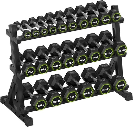 HANDBODE Dumbbell Set with Rack, Rubber Coated Fixed Dumbbells 390-790 lbs | Heavy Duty Hexagonal Weights, Non-Roll Hexagon Shape for Stability, Home Gym Strength Training Equipment