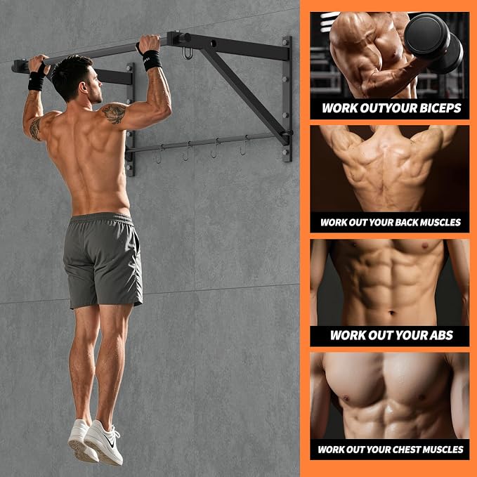 Adjustable Depth Pull Up Bar, Wall & Doorway Mounted Chin Up Bar with Hooks, Thickened Steel Construction, 500LBS Heavy Duty Capacity, Home Garage Upper Body Strength Training Equipment