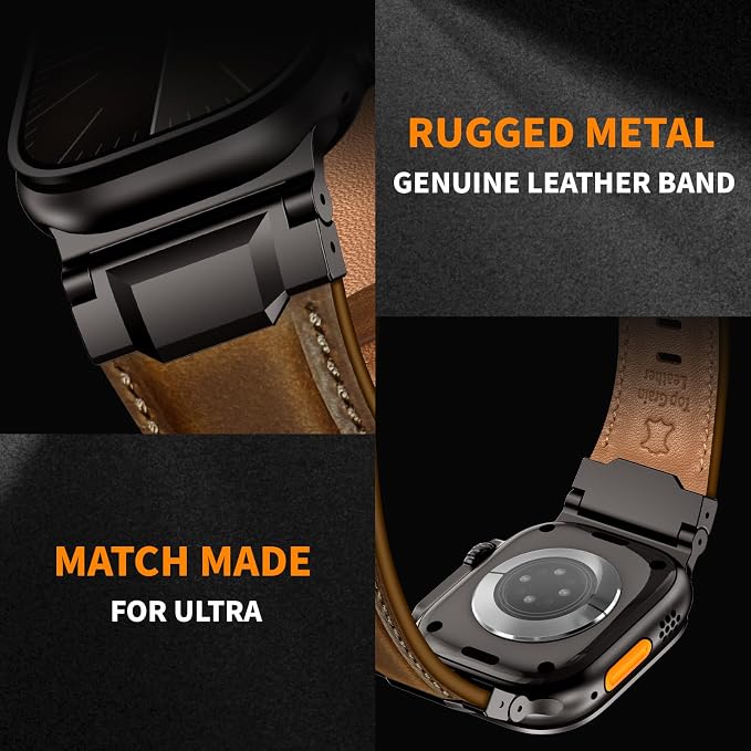 Bands Compatible with Apple Watch Ultra 3/2/1 Band 49/46/45/44mm | Genuine Leather Metal Connector Strap for iWatch Ultra Series 11/10/9/8/7/SE/6/5/4/3/2/1, Retro Walnut/Black
