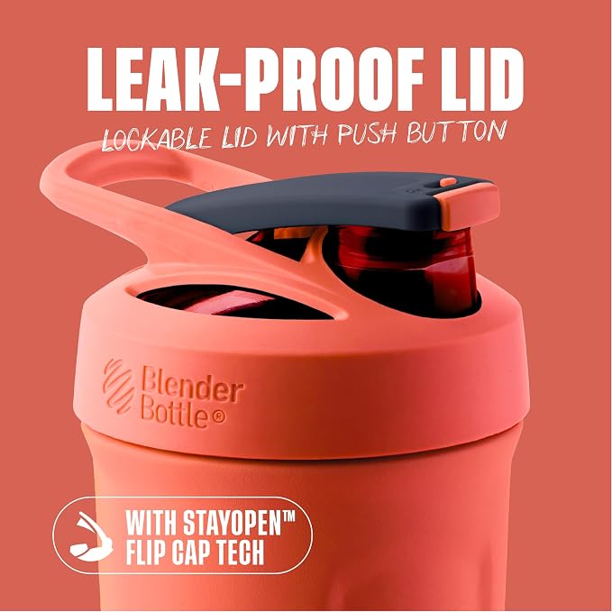 BlenderBottle Strada Shaker Cup Insulated Stainless Steel Water Bottle with Wire Whisk, 24-Ounce, Full Color Coral
