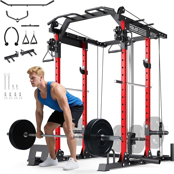 YOLEO Smooth Pulley System Power Cage, Adjustable Cable Crossover Power Rack, Multi-Functional Cable Machine for Home Gym