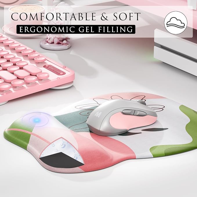 MROCO Ergonomic Mouse Pad with Gel Wrist Rest, 9.4 x 8.1 in, Pastel Petals | Ergonomic Shape Design, Multiple Pattern Options, Gel Wrist Comfort, Smooth Lycra Surface, Non-Slip PU Base