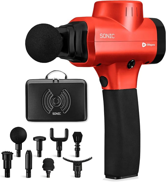 LifePro Sonic Massage Gun Percussion Muscle Massager, 8 Heads & 5 Speeds | Up to 6-Hr Runtime, Deep Tissue Massage Gun for Neck, Back, Calves, Quads, Feet, Trigger Points & Recovery Support