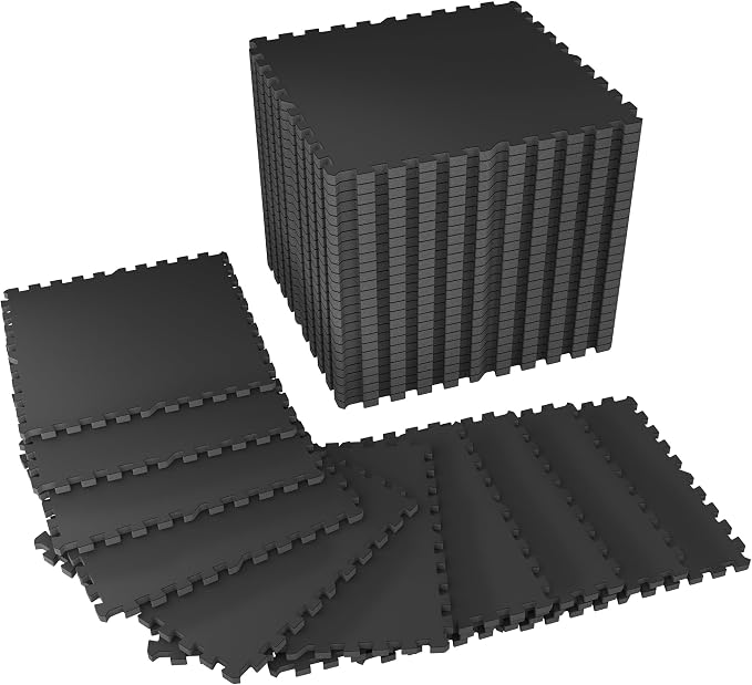 SUPERJARE 1" Extra-Thick Rubber Top Exercise Mat, Puzzle Gym Flooring for Home Gym, Gym Mat for Workout Equipment, Interlocking Floor Tiles with EVA Foam, 36 Pcs 144 Sq Ft, Black