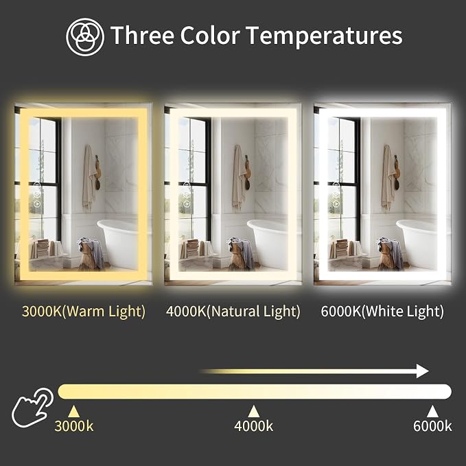 Koonmi 55x30 LED Bathroom Mirror with Light, Anti-Fog, 3 Colors | Backlit + Front Lit, Dimmable Brightness, Shatterproof HD Distortion-Free Tempered Glass, Hardware Included