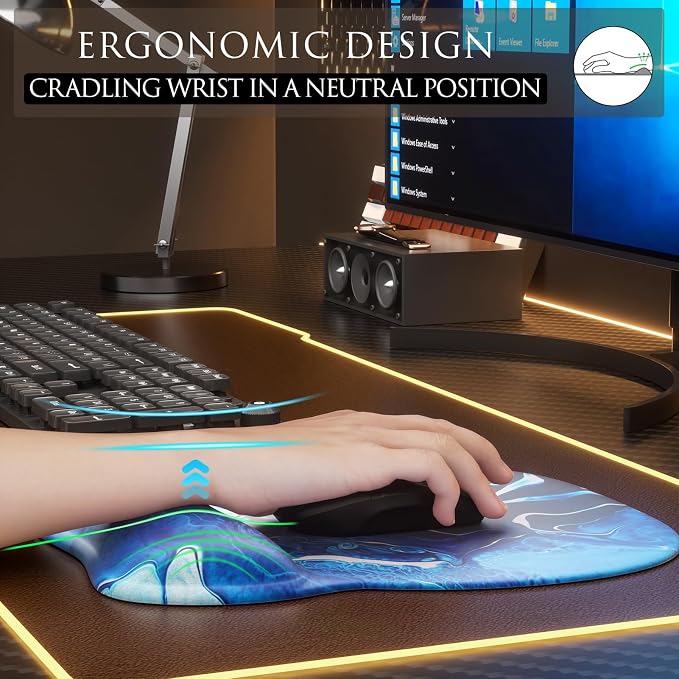 MROCO Ergonomic Mouse Pad with Gel Wrist Rest, 9.4 x 8.1 in, Blue Waves | Ergonomic Shape Design, Multiple Pattern Options, Gel Wrist Comfort, Smooth Lycra Surface, Non-Slip PU Base