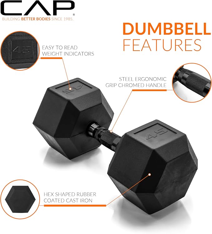 CAP Rubber Coated Dumbbell Weights, Free Weights for Home Gym Strength Training, Anti-Roll Hex Dumbbells with Black, Chrome & Comfort Grip Handles, Pairs & Sets